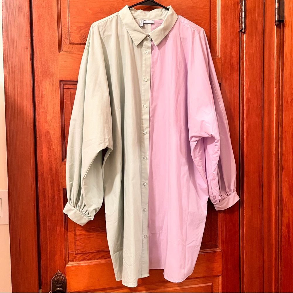 Asos Design Two-Tone Batwing Button-Up Shirt in Sage & Purple - Size 14